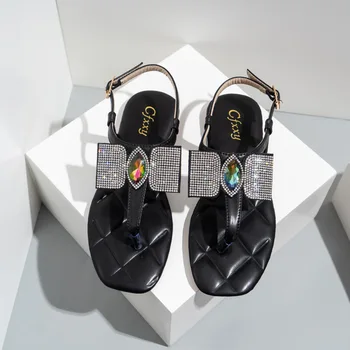 Feminino de Sandálias Sapatos de Verão T-Cinta de Moda para Senhoras Flats Sapatos de Verão 2022 Novo Strass Arco Sandálias Sapatos para Senhora