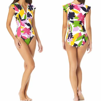 Floral para Mulheres de Maiô de Moda, Uma Peça de roupa de Banho Sexy Bodysuits Casual, moda praia Decote em V Mulheres em fato de Banho Senhora Praia de Maiô
