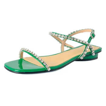 Verde de couro praça pontas de patente de couro impermeável plataforma com finas de diamante fivela de salto baixo e sandálias das mulheres
