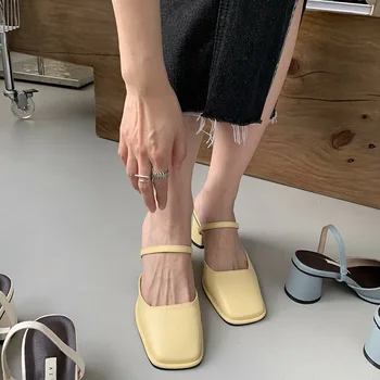 2022 Mula Sapatos Mulheres Sandálias Elegantes dedo do pé Quadrado Médio Saltos de Verão Senhora do Escritório Sapatos da Moda e salto Alto sandálias Gladiador Mulher