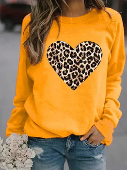 2023 a Primavera e o Outono Nova Rodada de Pescoço Tops da Mulher Leopardo Impressão de Amor Capless de manga comprida Camisola de Moda Tops do Viajante