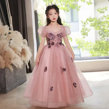 Vestido da menina de high-end vestido de princesa cor-de-rosa da menina de flor de casamento vestido de desempenho
