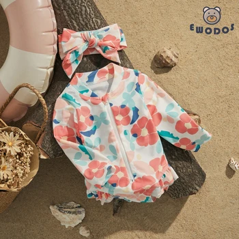 EWODOS 1-4 Anos de Criança de Bebê Meninas de Flor de Impressão Maiô Protetor solar Swimwear Crianças de Manga Longa Floral maiô com fita para a Cabeça